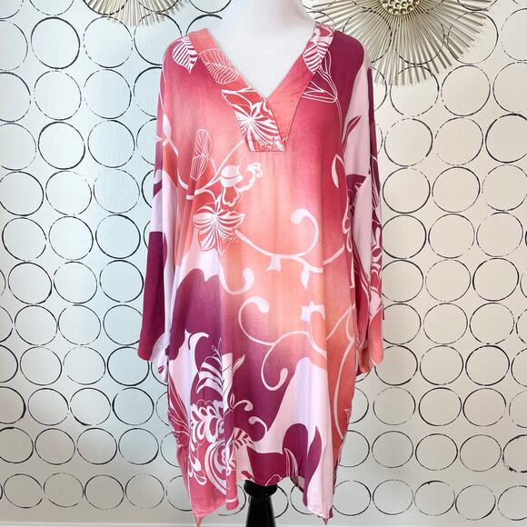 Natori Womens Floral Kimono Dress M Pink Wide Sleeve Pockets Artsy Resort - Picture 4 of 15